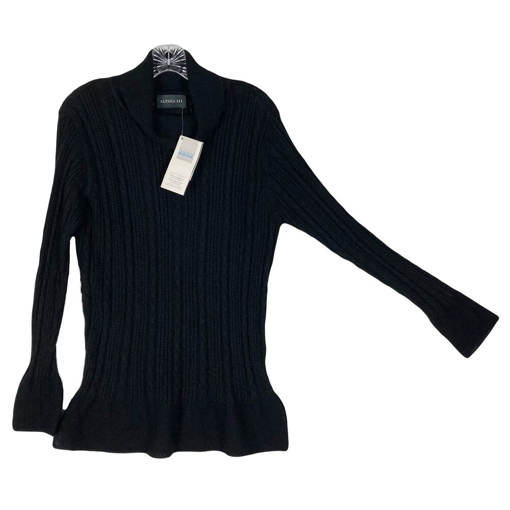 NWT ALPACA 111 Sweater L Black Baby-Alpaca Cable-Knit Turtleneck Flare Flounce